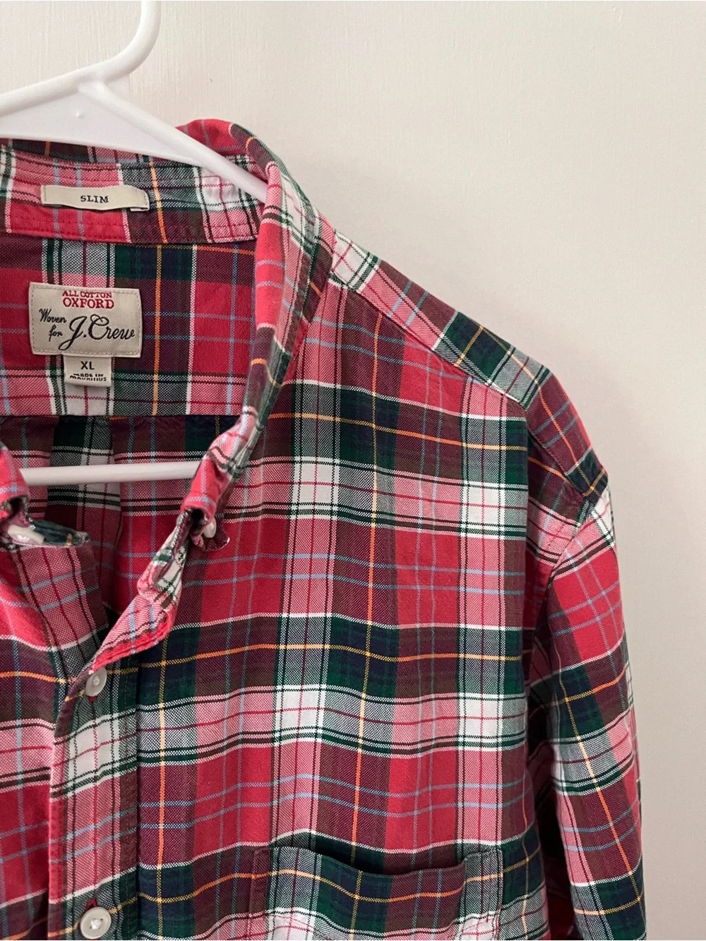 J. Crew Men’s All Cotton Oxford Button Down  Slim Fit Plaid Red White Green XL